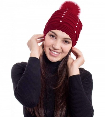 Skullies & Beanies Horizontal Cable Knit Beanie with Sequins and Faux Fur Pompom - Burgundy - CR185LW907M $6.82