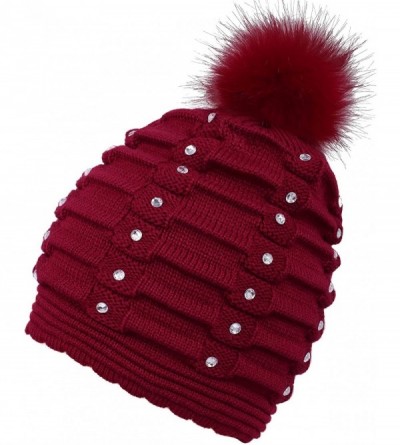 Skullies & Beanies Horizontal Cable Knit Beanie with Sequins and Faux Fur Pompom - Burgundy - CR185LW907M $6.82
