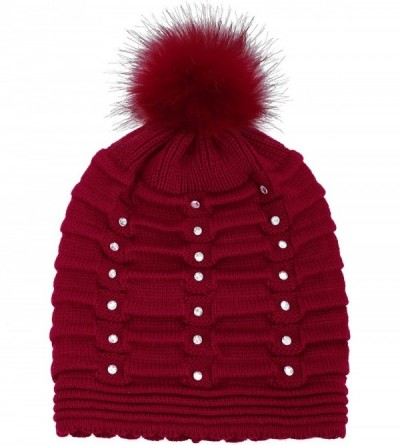 Skullies & Beanies Horizontal Cable Knit Beanie with Sequins and Faux Fur Pompom - Burgundy - CR185LW907M $6.82