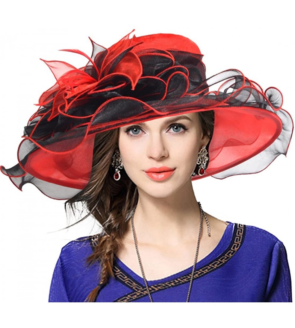 Sun Hats Kentucky Derby Hat Wide Brim Flounce Cocktail Tea Party Bridal Dress Church Hat - Red - C012LT4GSDF $30.72