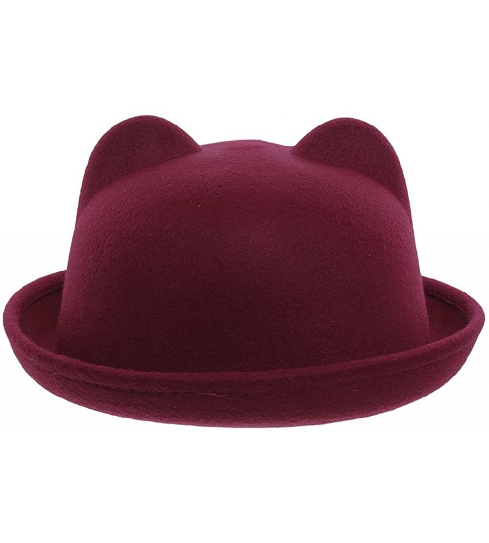 Bomber Hats Women Wool Felt Cat Ear Roll-up Hat Fedora Bowler Head Circumference 22.5" - Wine - CH127E5KK8H $11.04