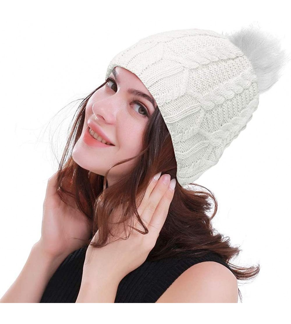 Skullies & Beanies Women's Winter Hat- Knitted Beanie Hat Winter Warm Ski Cap Stretch Knitted Caps Faux Fur Pom Pom Hat for W...