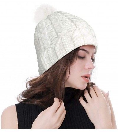 Skullies & Beanies Women's Winter Hat- Knitted Beanie Hat Winter Warm Ski Cap Stretch Knitted Caps Faux Fur Pom Pom Hat for W...