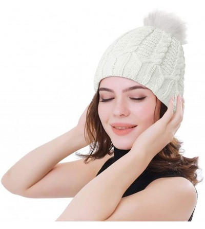 Skullies & Beanies Women's Winter Hat- Knitted Beanie Hat Winter Warm Ski Cap Stretch Knitted Caps Faux Fur Pom Pom Hat for W...