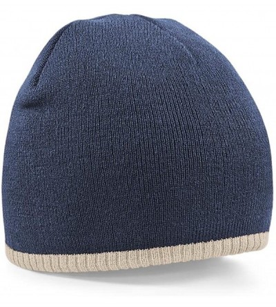 Skullies & Beanies Mens Pull on Warm Knitted Beanie Ski Hat with Contrast Trim - Navy Blue - CG116ETW3DF $7.54