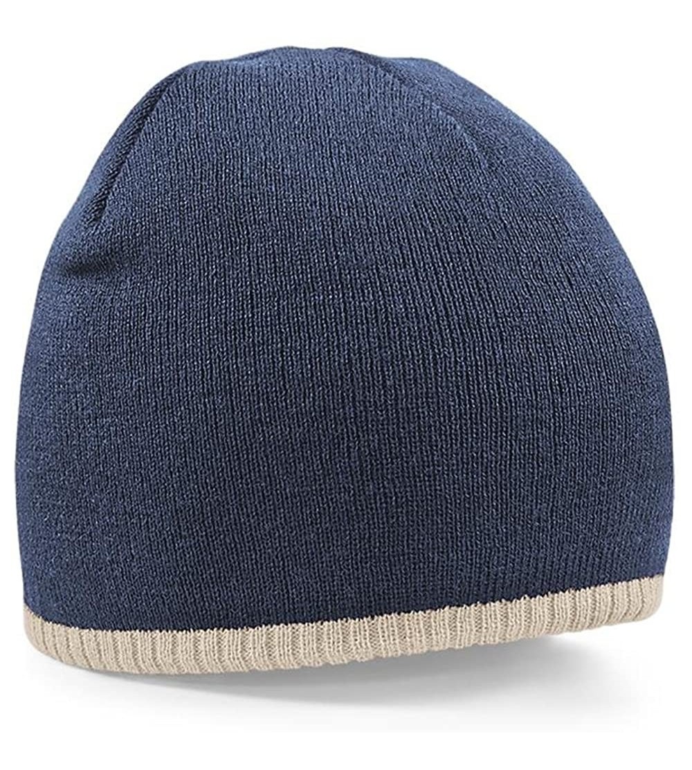 Skullies & Beanies Mens Pull on Warm Knitted Beanie Ski Hat with Contrast Trim - Navy Blue - CG116ETW3DF $7.54