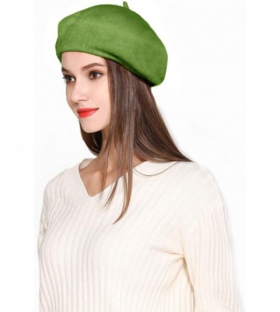 Berets Wool Beret Hat Solid Color French Artist Beret Skily Scarf Brooch - Lemon Green - CS18KLOT35U $11.59