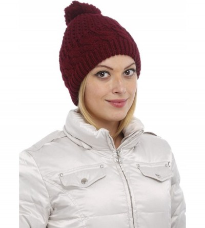 Skullies & Beanies Women Warm Winter Thick Slouchy Knit Hat with Pom Pom - Burgundy - CN124I3SRF1 $8.13
