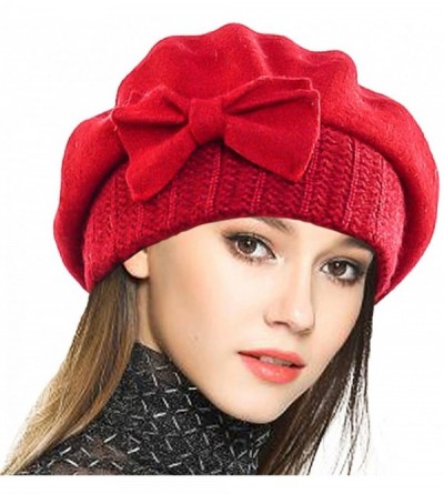 Berets Lady French Beret 100% Wool Beret Floral Dress Beanie Winter Hat - Bow-red - CN1862LDL24 $38.38