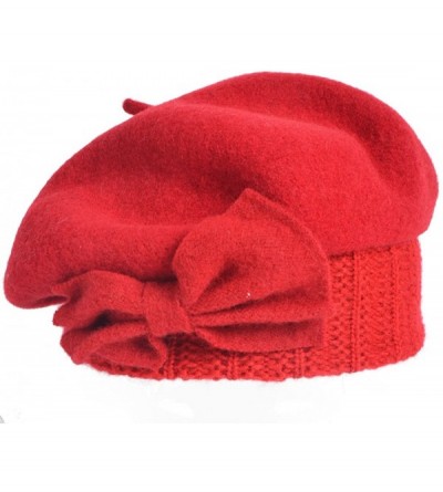 Berets Lady French Beret 100% Wool Beret Floral Dress Beanie Winter Hat - Bow-red - CN1862LDL24 $21.13