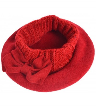 Berets Lady French Beret 100% Wool Beret Floral Dress Beanie Winter Hat - Bow-red - CN1862LDL24 $21.13