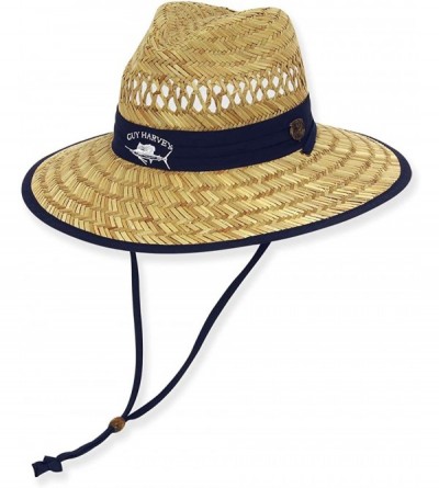 Sun Hats Rush Straw Hat w/Sailfish Embroidered Cotton Trim - Navy - CL11J20EL3D $22.72