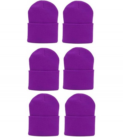 Skullies & Beanies Wholesale 6 PCS Unisex Knit Long Cuff Ski Solid Plain Beanie Cap - Purple - CU12N27RXT1 $15.55