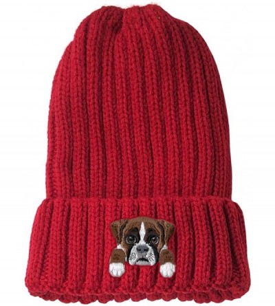 Skullies & Beanies [ Boxer Dog ] Cute Embroidered Puppy Dog Warm Knit Fleece Winter Beanie Skull Cap - Red - CR189RXGQ40 $12.50