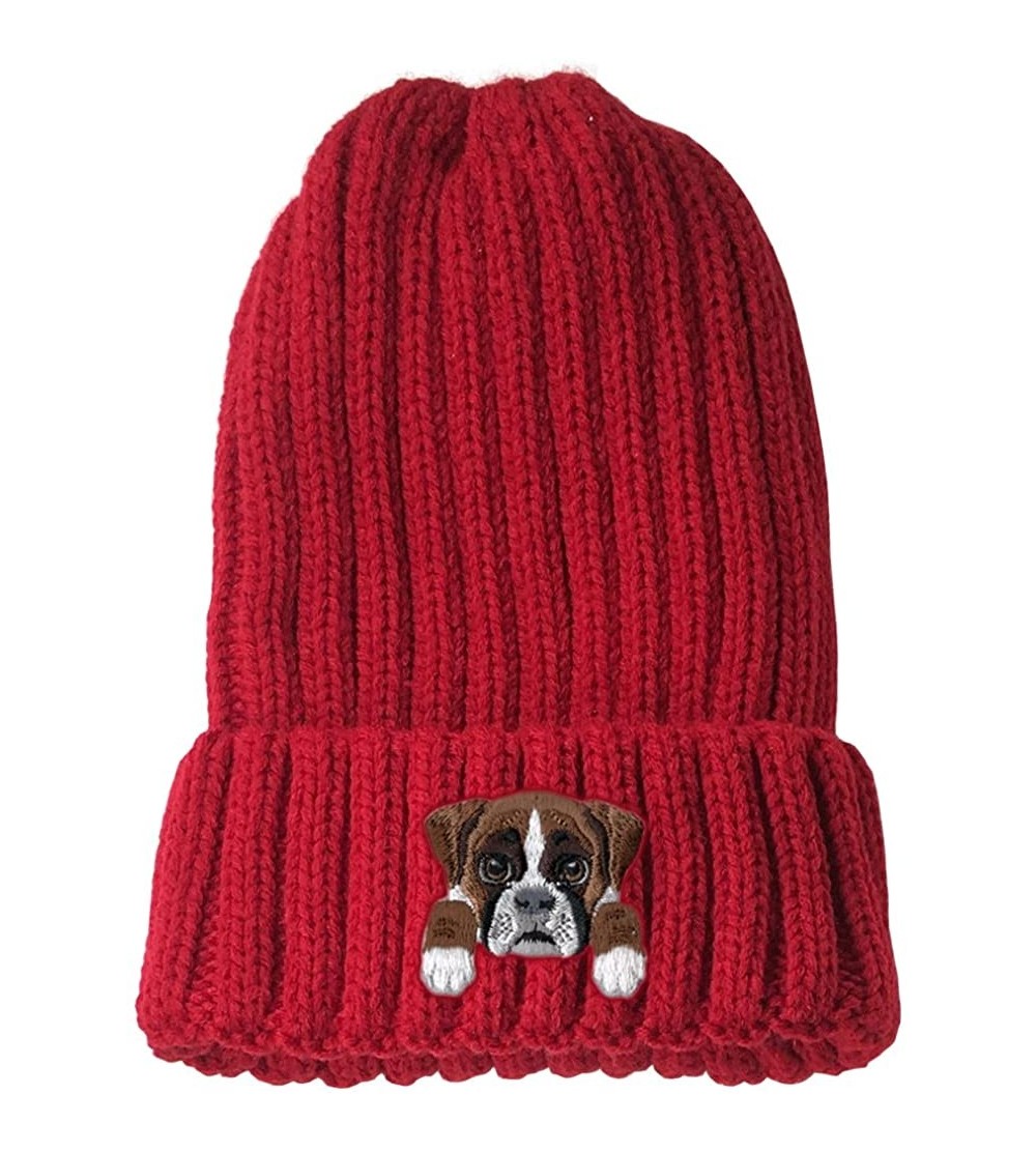 Skullies & Beanies [ Boxer Dog ] Cute Embroidered Puppy Dog Warm Knit Fleece Winter Beanie Skull Cap - Red - CR189RXGQ40 $12.50