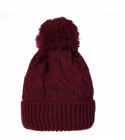 Skullies & Beanies Knitted Twisted Cable Bobble Pom Beanie Hat Slouchy AC5474 - Wine - CN12N0BTLAN $35.03