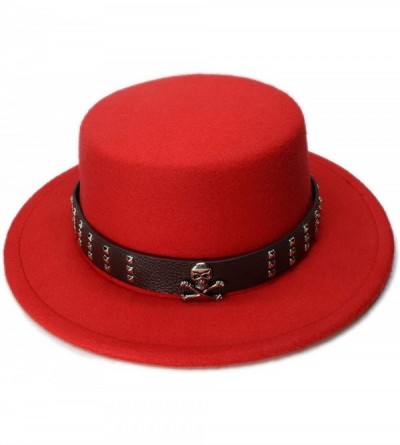Fedoras Women Men Vintage 100% Wool Wide Brim Bowler Hat Skull Bead Leather Band (57cm/Adjust) - Red - CR18ME8WXU3 $70.74
