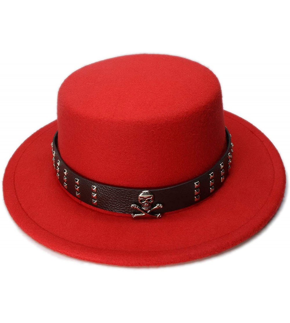 Fedoras Women Men Vintage 100% Wool Wide Brim Bowler Hat Skull Bead Leather Band (57cm/Adjust) - Red - CR18ME8WXU3 $26.53