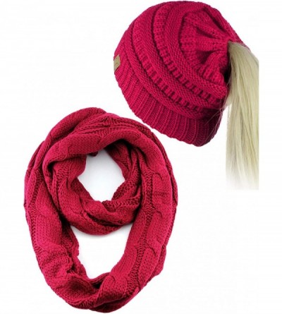 Skullies & Beanies BeanieTail Messy High Bun Cable Knit Beanie and Infinity Loop Scarf Set - Hot Pink - C918KHAA2II $44.45