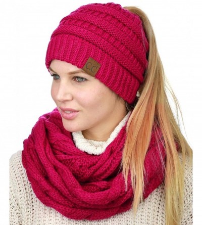 Skullies & Beanies BeanieTail Messy High Bun Cable Knit Beanie and Infinity Loop Scarf Set - Hot Pink - C918KHAA2II $21.93