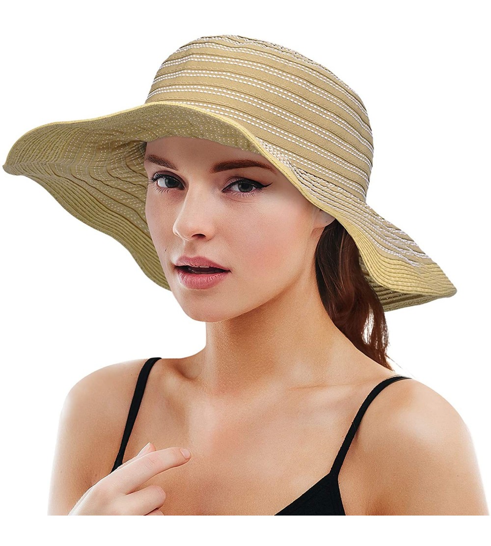 Sun Hats Womens Striped Straw Hat Floppy Beach Hats Foldable Wide Brim Sun Cap for Women - Tan - C818D5SNQZ8 $11.37