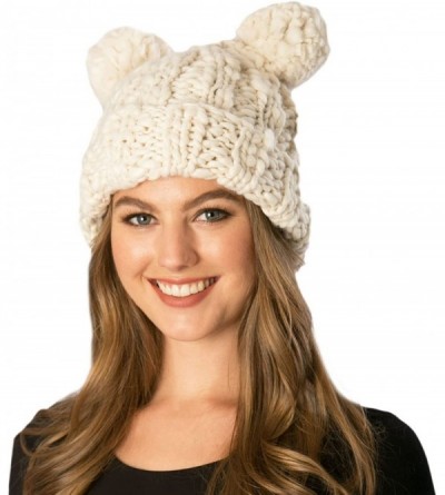 Skullies & Beanies Women's Handcrafted Soft Chunky Knitted Double Pom Pom Beanie Hat with Hair Tie. (OneSize- Ivory) - CJ12NS...