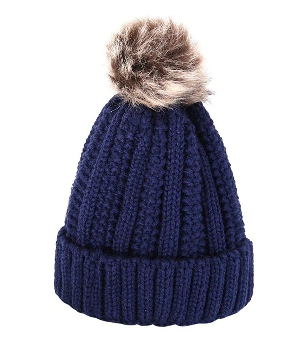 Skullies & Beanies Womens Winter Beanie Hat- Warm Cuff Cable Knitted Soft Ski Cap with Pom Pom for Girls - B - CC18ADTA8U2 $8.25