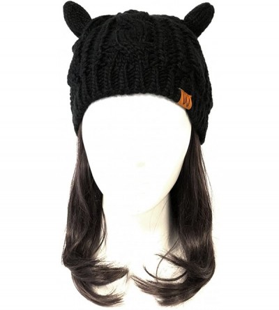 Skullies & Beanies Winter Warm Cable Knit Cat Ears Beanie - Black - C8180GDZ9W8 $11.89