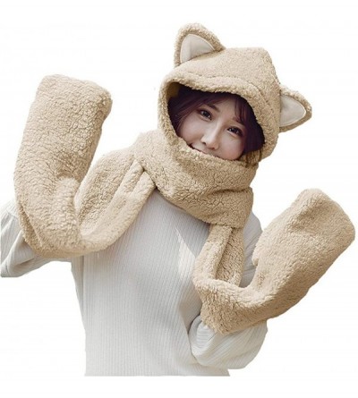 Cold Weather Headbands Women Girls Cute Panda Animal Winter Hats 3 in 1 Warm Plush Hoodie Cap Paw Gloves Mitten Scarf Set - B...