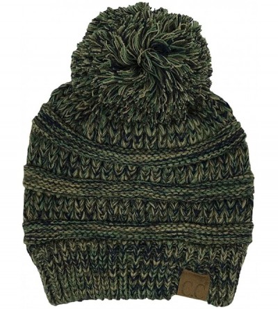 Skullies & Beanies Chunky Marled Cable Knit Warm Soft Multicolored Pom Beanie Hat - 4 Tone Mix - Green- Olive- Blue- Camel - ...