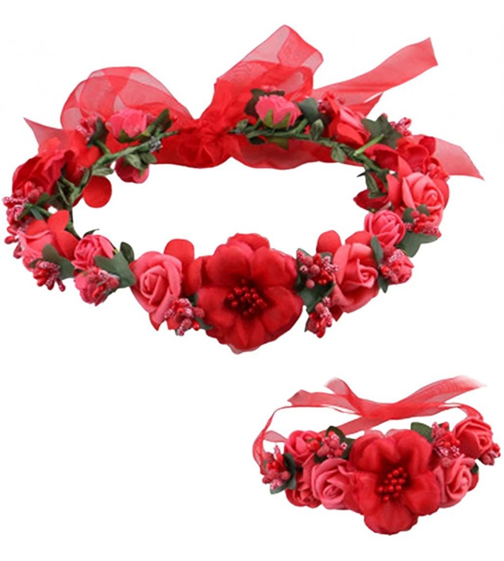 Headbands Flower Crown Wedding Hair Wreath Floral Headband Garland Wrist Band Set - Red - CP185LZX373 $19.39