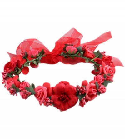 Headbands Flower Crown Wedding Hair Wreath Floral Headband Garland Wrist Band Set - Red - CP185LZX373 $19.39