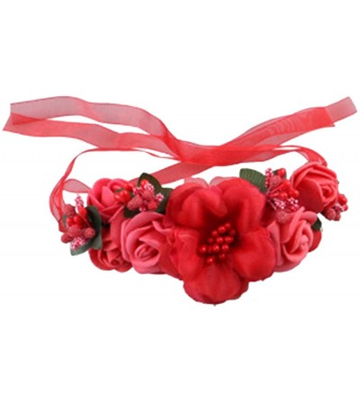 Headbands Flower Crown Wedding Hair Wreath Floral Headband Garland Wrist Band Set - Red - CP185LZX373 $19.39