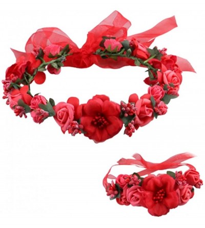 Headbands Flower Crown Wedding Hair Wreath Floral Headband Garland Wrist Band Set - Red - CP185LZX373 $19.39