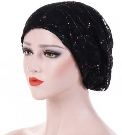 Skullies & Beanies Shiny Women Lace Breathable Beanie Cap Spring Autumn Hijab Hat Head Accessory Black Polyester Beanie Caps ...