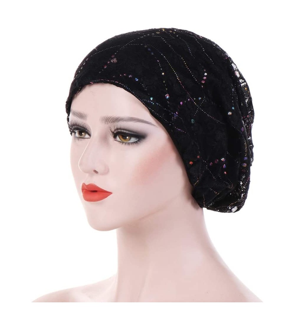 Skullies & Beanies Shiny Women Lace Breathable Beanie Cap Spring Autumn Hijab Hat Head Accessory Black Polyester Beanie Caps ...