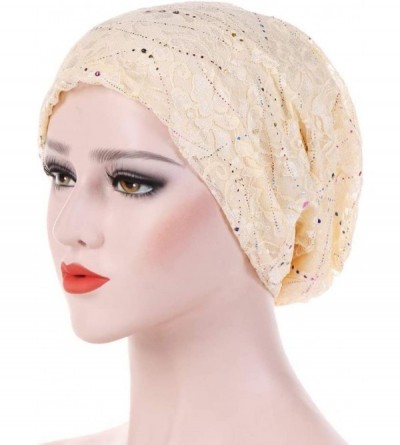Skullies & Beanies Shiny Women Lace Breathable Beanie Cap Spring Autumn Hijab Hat Head Accessory Black Polyester Beanie Caps ...