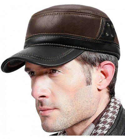 Newsboy Caps Winter Mens Leather Cap with Earflap Military Cadet Army Flat Top Hat - Brown1 - C0188C636YR $26.91