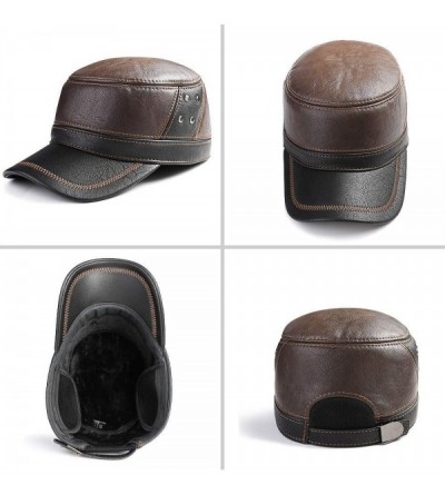 Newsboy Caps Winter Mens Leather Cap with Earflap Military Cadet Army Flat Top Hat - Brown1 - C0188C636YR $26.91