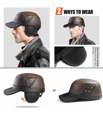 Newsboy Caps Winter Mens Leather Cap with Earflap Military Cadet Army Flat Top Hat - Brown1 - C0188C636YR $26.91