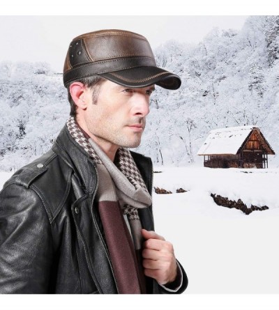 Newsboy Caps Winter Mens Leather Cap with Earflap Military Cadet Army Flat Top Hat - Brown1 - C0188C636YR $26.91