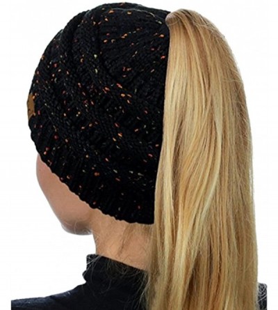 Skullies & Beanies Women's Warm Cable Knitted Messy High Bun Hat Beanie with Hole for Pony Tail Skull Cap - Black 1 - CY189IS...