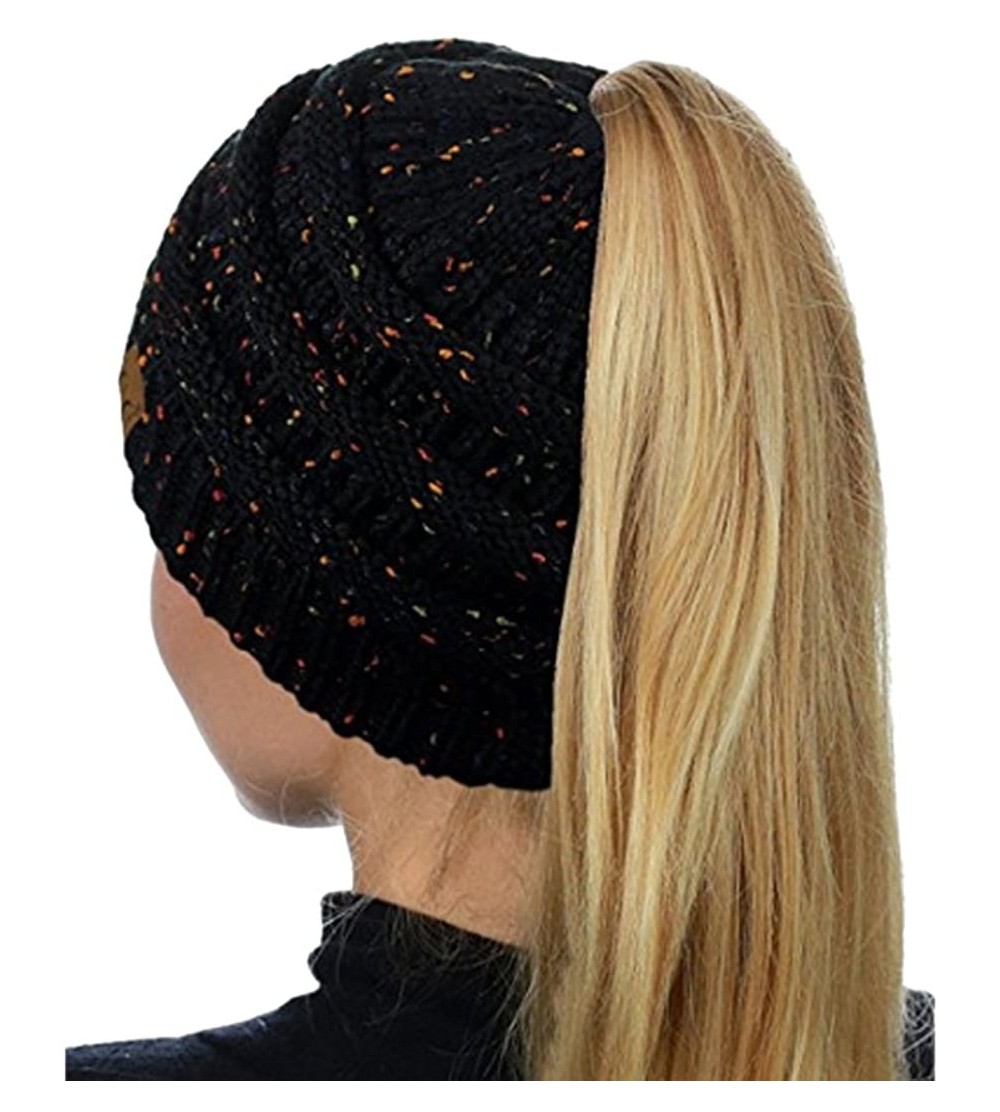Skullies & Beanies Women's Warm Cable Knitted Messy High Bun Hat Beanie with Hole for Pony Tail Skull Cap - Black 1 - CY189IS...