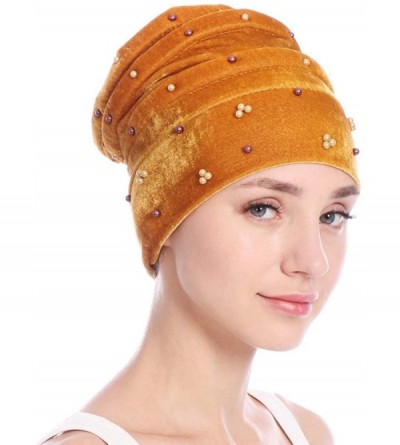 Skullies & Beanies Women Hearwear Velvet Hat Muslim Ruffle Cancer Chemo Beanie Wrap Cap - Gold - C618I3L9IGD $9.54