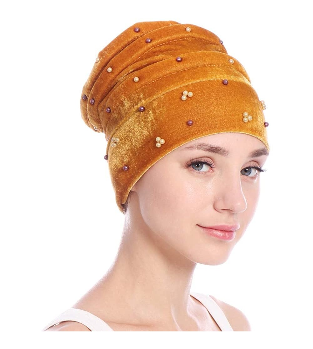 Skullies & Beanies Women Hearwear Velvet Hat Muslim Ruffle Cancer Chemo Beanie Wrap Cap - Gold - C618I3L9IGD $9.54