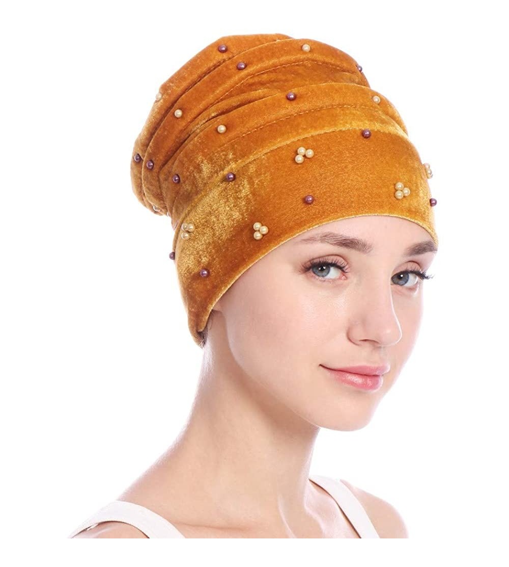 Skullies & Beanies Women Hearwear Velvet Hat Muslim Ruffle Cancer Chemo Beanie Wrap Cap - Gold - C618I3L9IGD $9.54