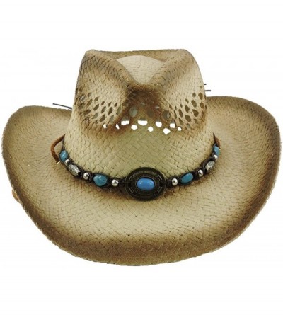 Cowboy Hats Silver Fever Ombre Woven Straw Cowboy Hat with Cut-Outs-Beads- Chin Strap - Brown W Tq Pendant - C2184XLZ68A $58.72