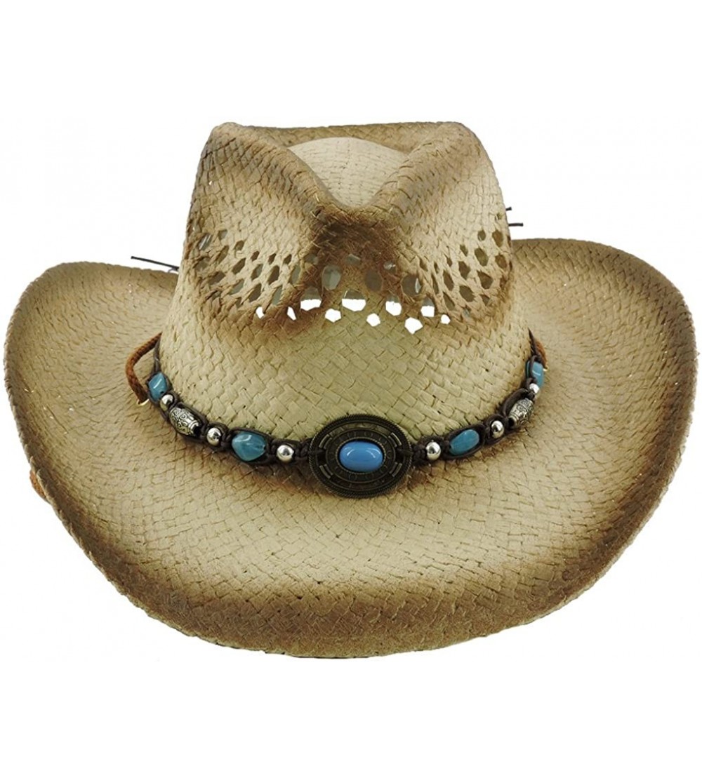 Cowboy Hats Silver Fever Ombre Woven Straw Cowboy Hat with Cut-Outs-Beads- Chin Strap - Brown W Tq Pendant - C2184XLZ68A $30.01