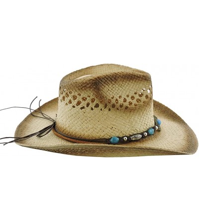 Cowboy Hats Silver Fever Ombre Woven Straw Cowboy Hat with Cut-Outs-Beads- Chin Strap - Brown W Tq Pendant - C2184XLZ68A $30.01