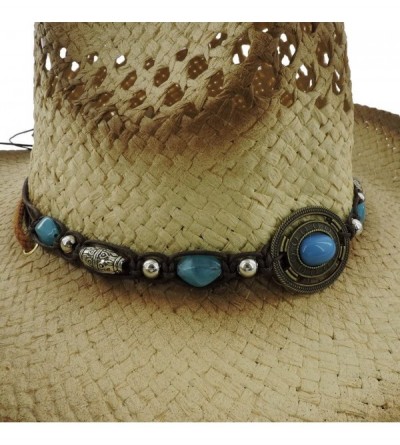 Cowboy Hats Silver Fever Ombre Woven Straw Cowboy Hat with Cut-Outs-Beads- Chin Strap - Brown W Tq Pendant - C2184XLZ68A $30.01